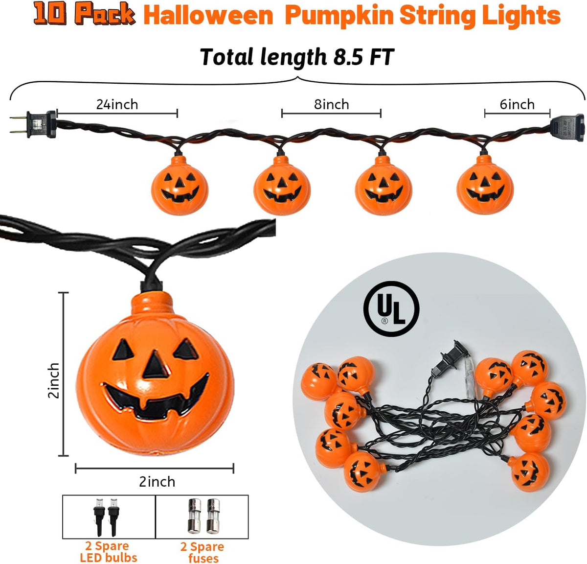 Halloween LED Pumpkin Lights - 8.5Ft Jack O Lantern Pumpkin String Lights with 10 LED Jack O Lantern Lights, for Indoor Outdoor Halloween Decorations for Home Party Yard Patio Tree, 0.07W