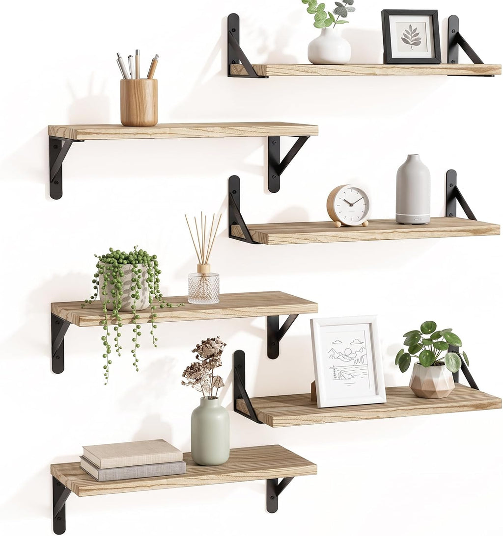 YGEOMER 16.5 Inch Floating Wall Shelves, Light Carbonized Brown, Set of 6