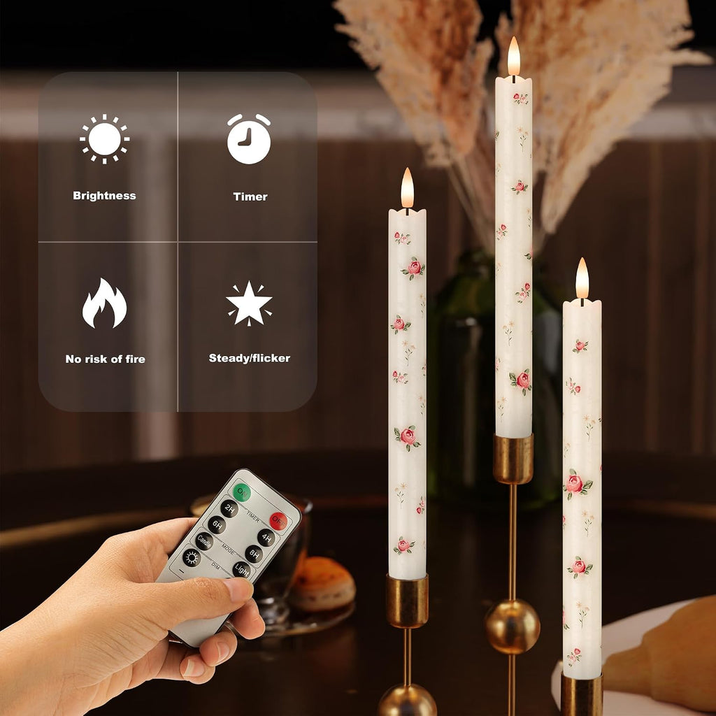 JOIONE Rose Flameless Taper Candles with Remote, 3 Pack Home Decor