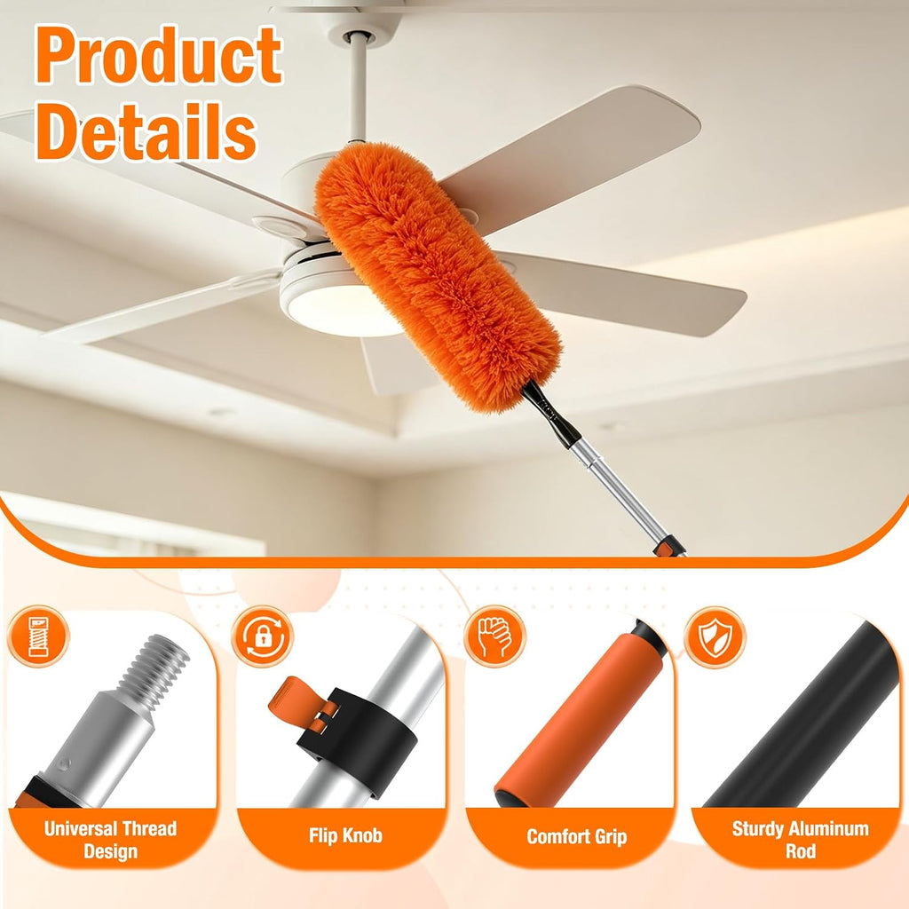 LAANPOLE 26FT High Reach Duster Cleaning Kit with Extension Pole, High Ceiling Fan Cleaner Duster Tool for Fan Blades, Window Washing Kit with Microfiber Feather Duster & Window Squeegee