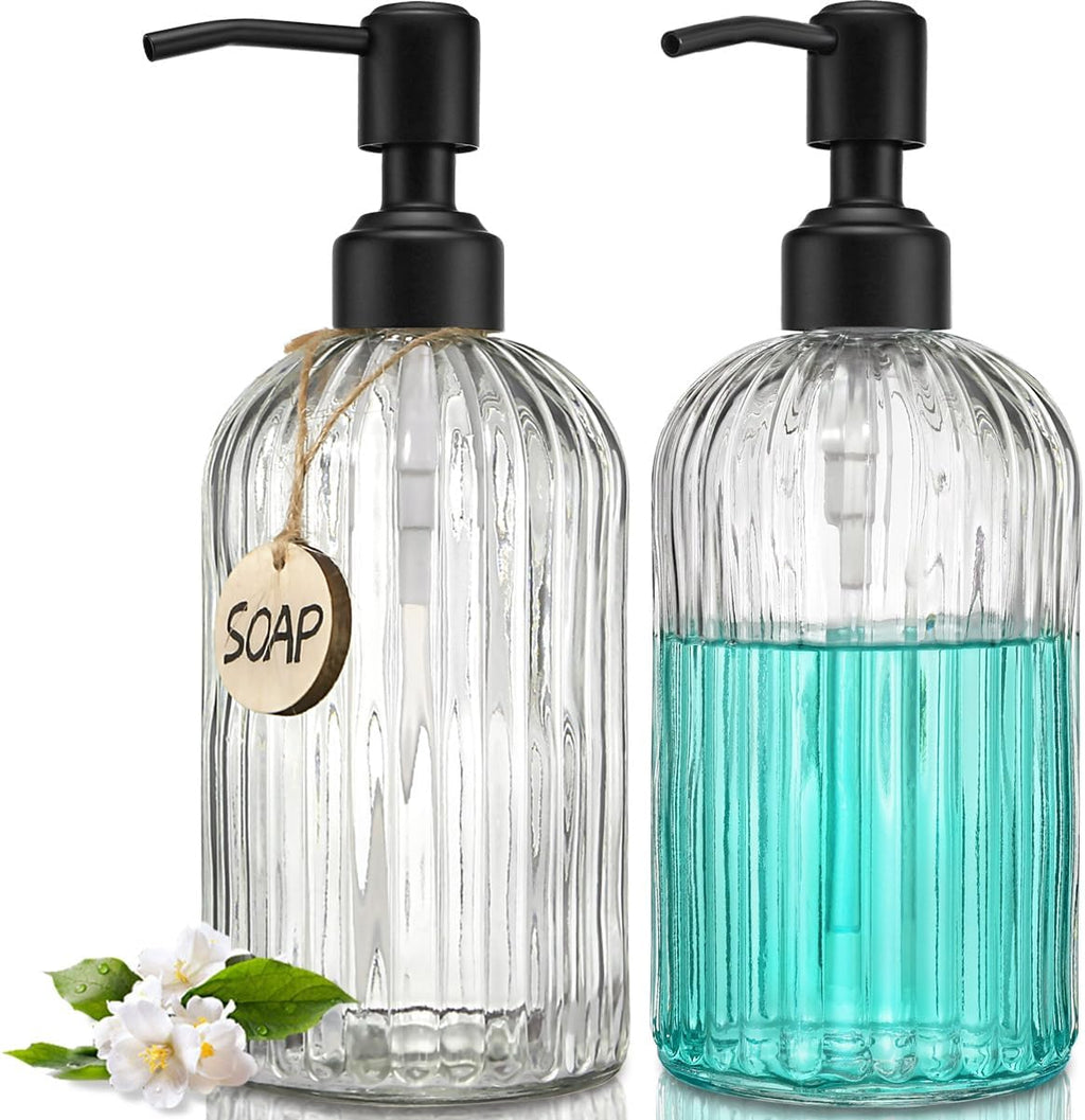 JASAI 2PACK 18Oz Simple Glass Soap Dispensers with Black Rust Proof Pump