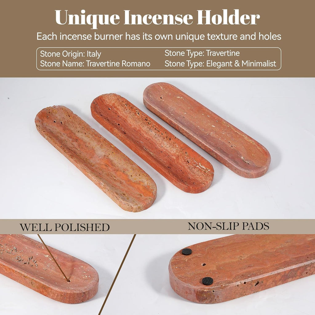 Koville Travertine Incense Holder, Incense Holder for Sticks, Long Incense Sticks Holder Ash Catcher for Meditation Yoga SPA, Natural Stone Incense Burner, Home Table Decor(Red)