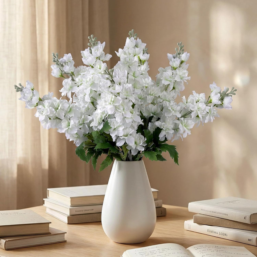 Fake Flowers 23.6” Delphinium Artificial Flowers 8Pcs Silk Flowers with Stems Long Stem Artificial Flowers for Tall Vase Faux Flowers for Indoor Home Decoration Wedding Decoration Centerpiece White