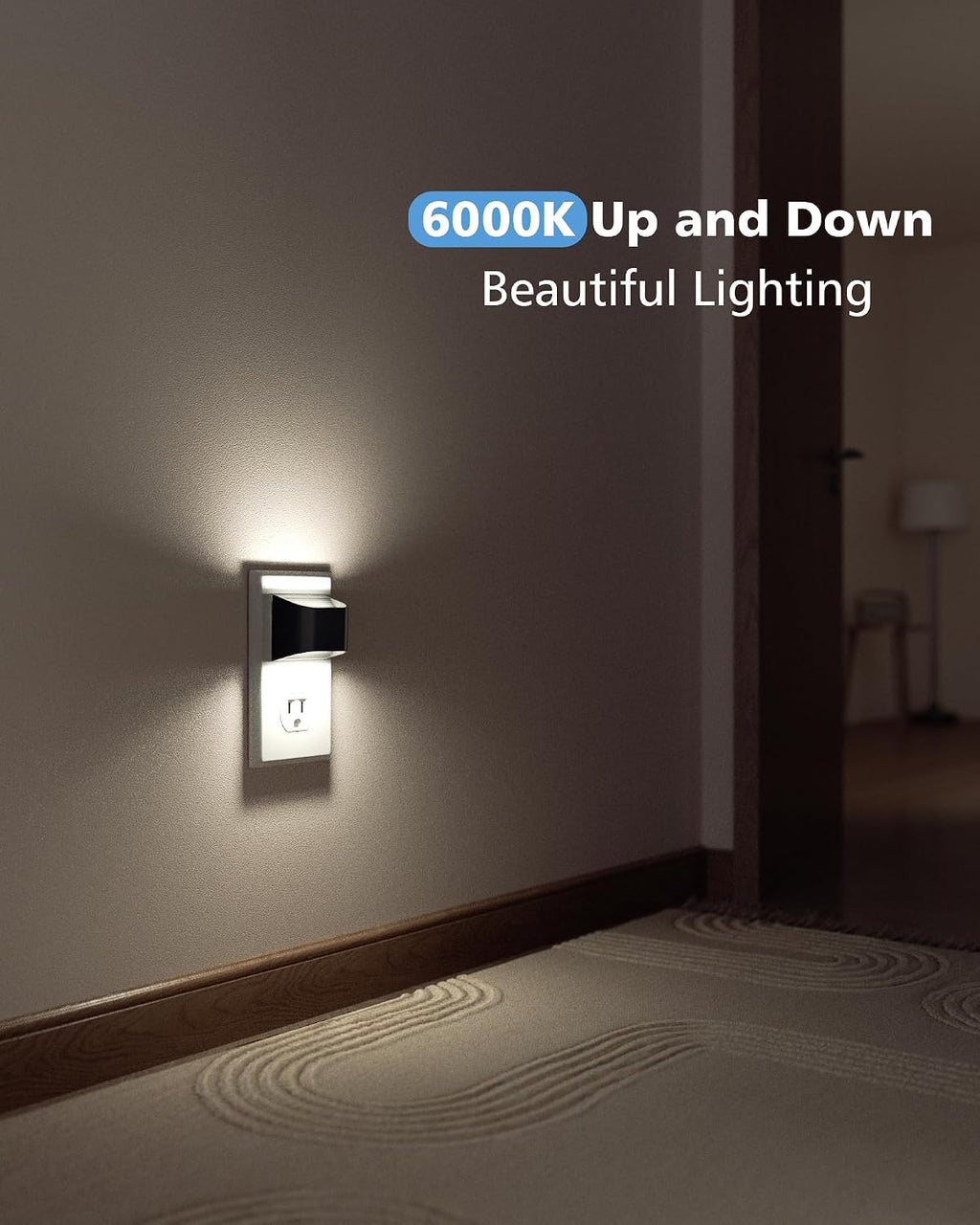 VOLISUN LED Night Light Cool White, 4 Pack Up and Down Night Lights Plug into Wall with Dusk to Dawn Light Sensor, 6000K Nightlight for Hallway, Bedroom, Bathroom, Kitchen Black