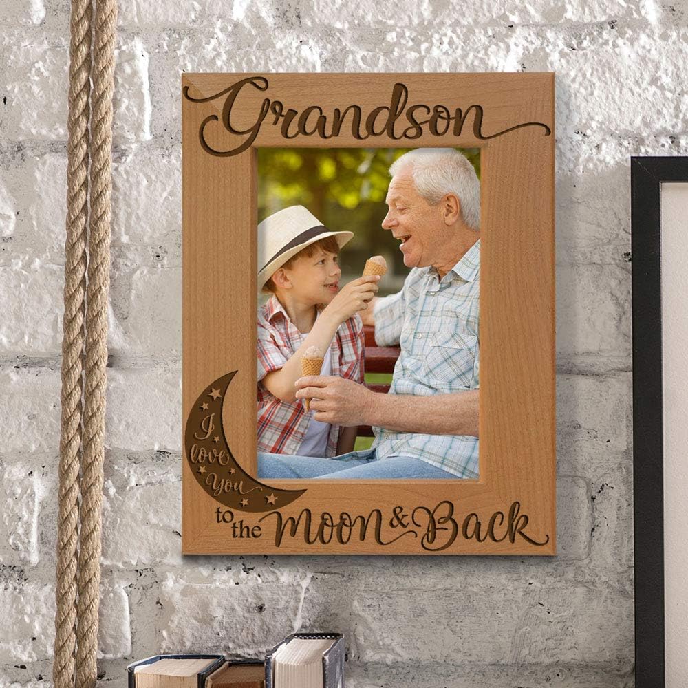 KATE POSH Grandson I Love You to the Moon and Back Engraved Wood Picture Frame, Grandma Grandpa Gifts, Christmas, Birthday, Mother's Day, Father's Day (4x6 Vertical)