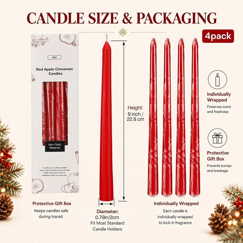 Conelist 4 Pcs 9" Christmas Cinnamon Apple Taper Candles, Dripless Beeswax