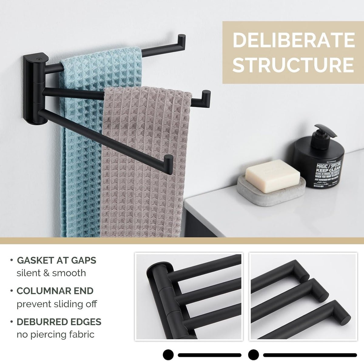 Angle Simple Kitchen Towel Rack, Swivel 3 Bars, Matte Black, 9.84"