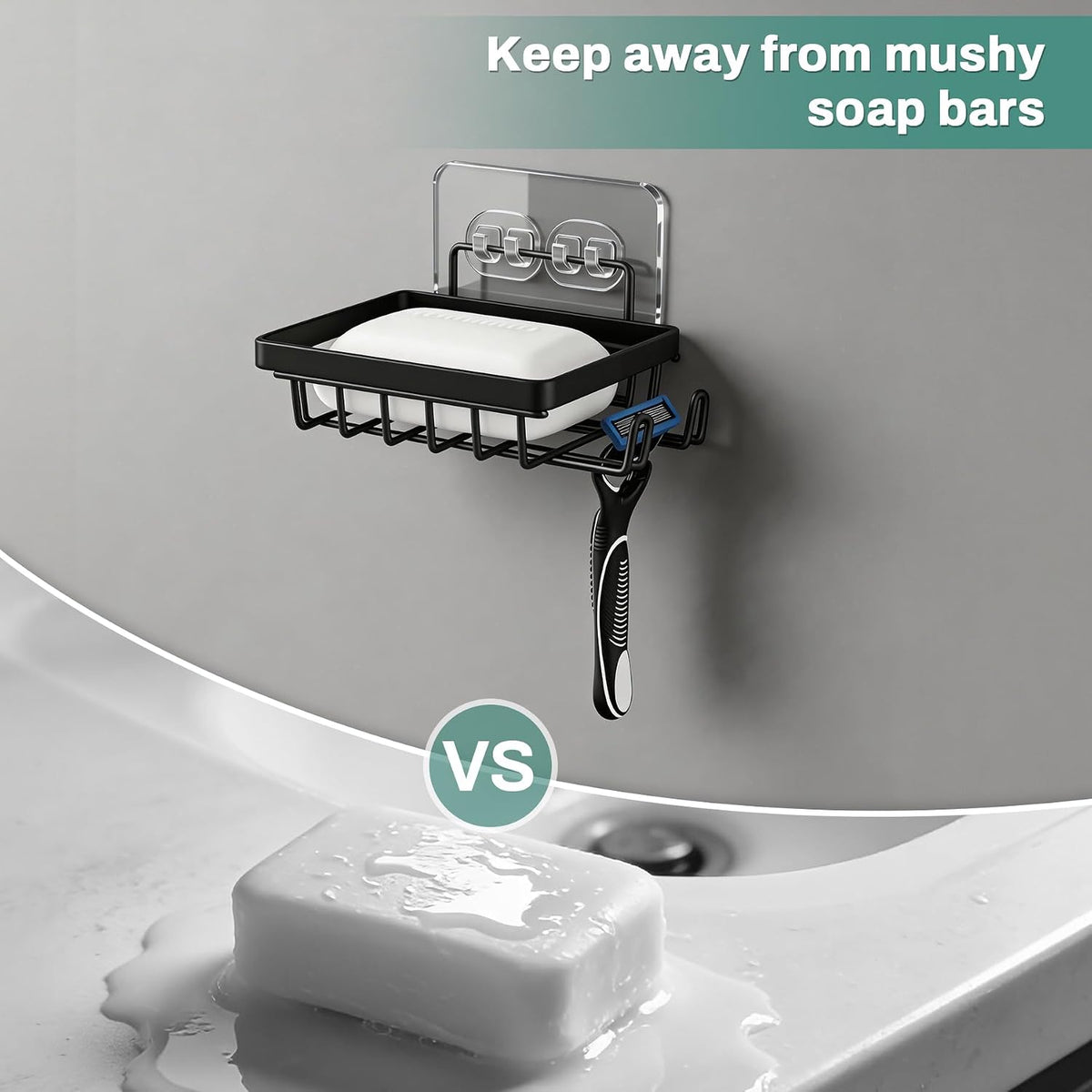 Self Draining Adhesive Soap Bar Holder for Shower Wall with with Soap Saver
