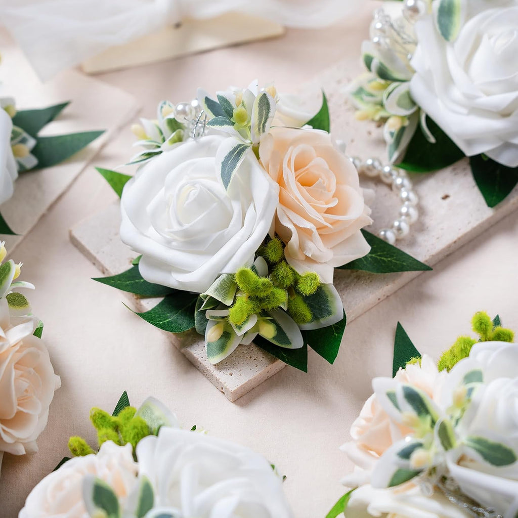 White Wrist Corsages, Set of 6,Faux Flowers for Women Wedding