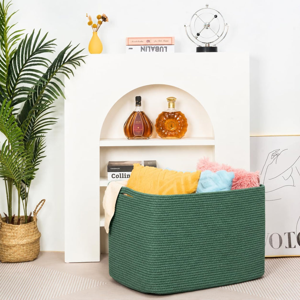 MINTWOOD Design 112L Extra Large Blanket Basket Holder Living Room, 25"x17"x16" Rectangle Rope Woven Storage Basket with Handles for Laundry, Towels, Shoes, Dog Toy Organizer Bin Box, Green