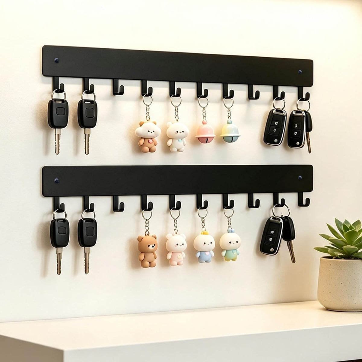 Key Holder Wall Mount,14in with 10 Hooks,Black Metal Key Hanger for Car Key Ring,Suitable for Entrances/Door/Living Rooms/Kitchen/Offices（2 Sets）