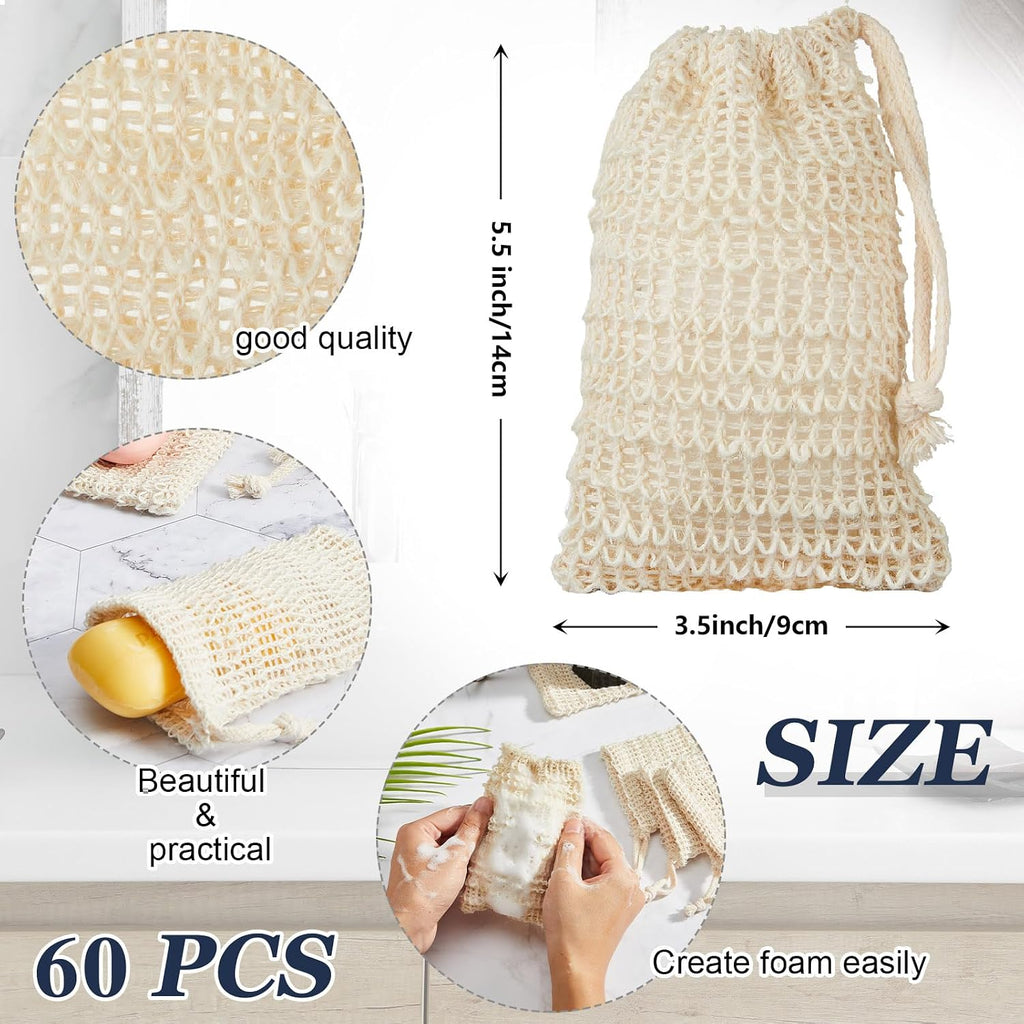 Rtteri 120 Pcs Soap Saver Bags & Bamboo Soap Holder Set Exfoliating Sisal Soaps Washing Bags Self Draining Wooden Bar Soaps Dish for Shower Bath Toilet Kitchen Restaurant