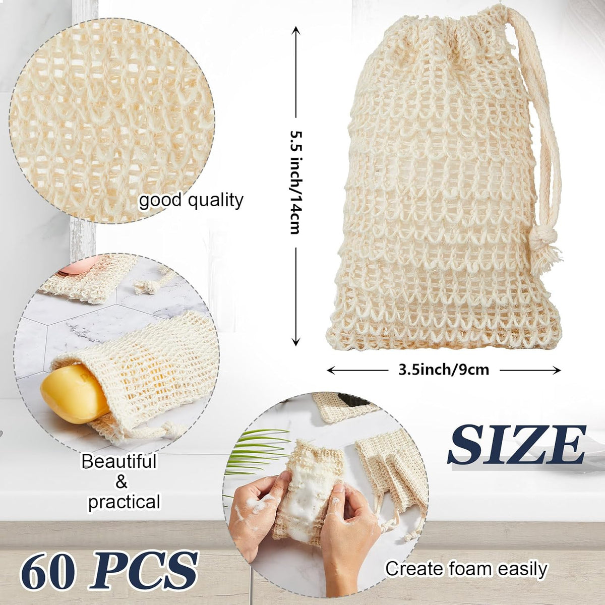 Rtteri 120 Pcs Soap Saver Bags & Bamboo Soap Holder Set Exfoliating Sisal Soaps Washing Bags Self Draining Wooden Bar Soaps Dish for Shower Bath Toilet Kitchen Restaurant