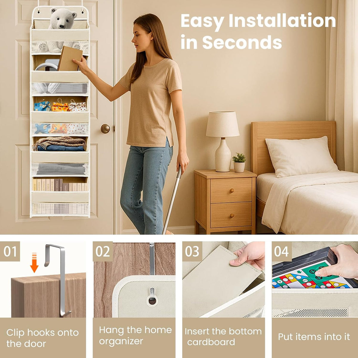 Over the Door Organizer 6 Shelves & 8 Pockets, Zippered Divider, Ivory