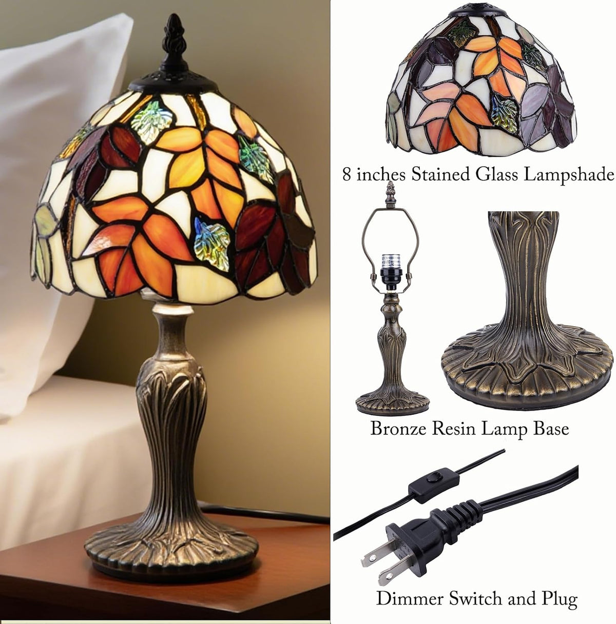 Small Tiffany Table Lamp 8 inch Red Leaves Stained Glass