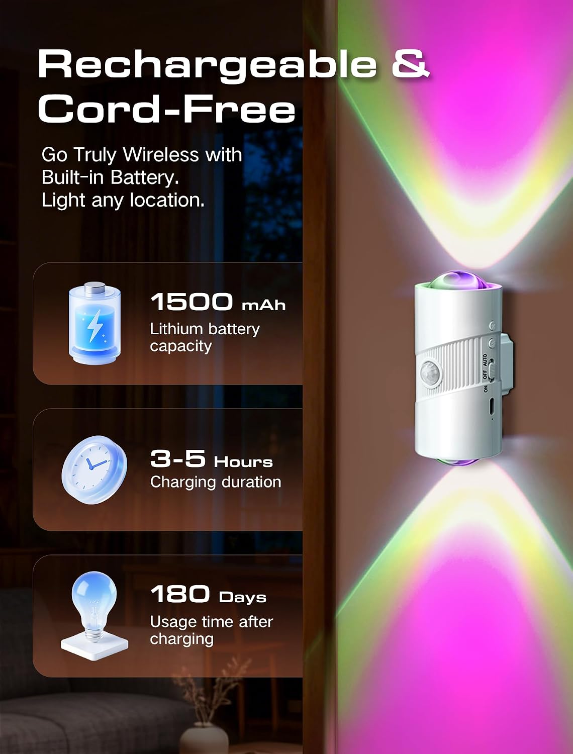 Rechargeable RGB Motion Sensor Night Light, Color Changing LED Night Light with Stick-on Magnet, 4-Level Adjustable Brightness, Nightlights for Bedroom, Bathroom, Hallway, Stairs, Closet, 1-Pack