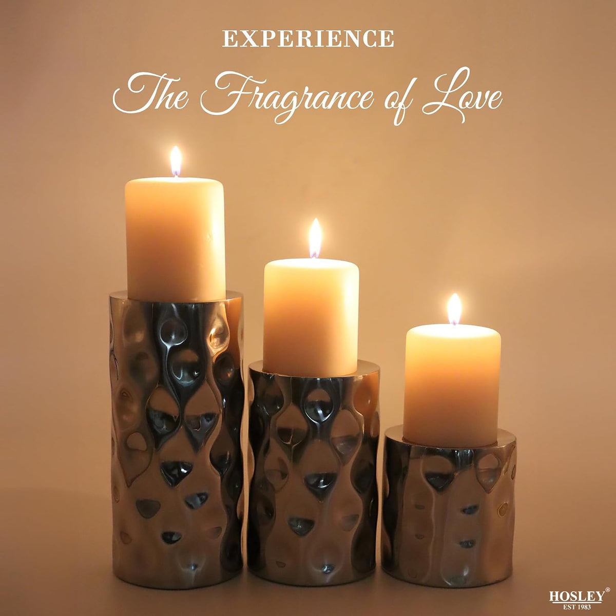 Hosley Set of 3 Silver Pillar Candle Holders – 3", 5", 7" High Decorative Metal Stand with Modern Pebble Pattern Design for Wedding Centerpieces, Holiday Décor, Parties, Table Accents