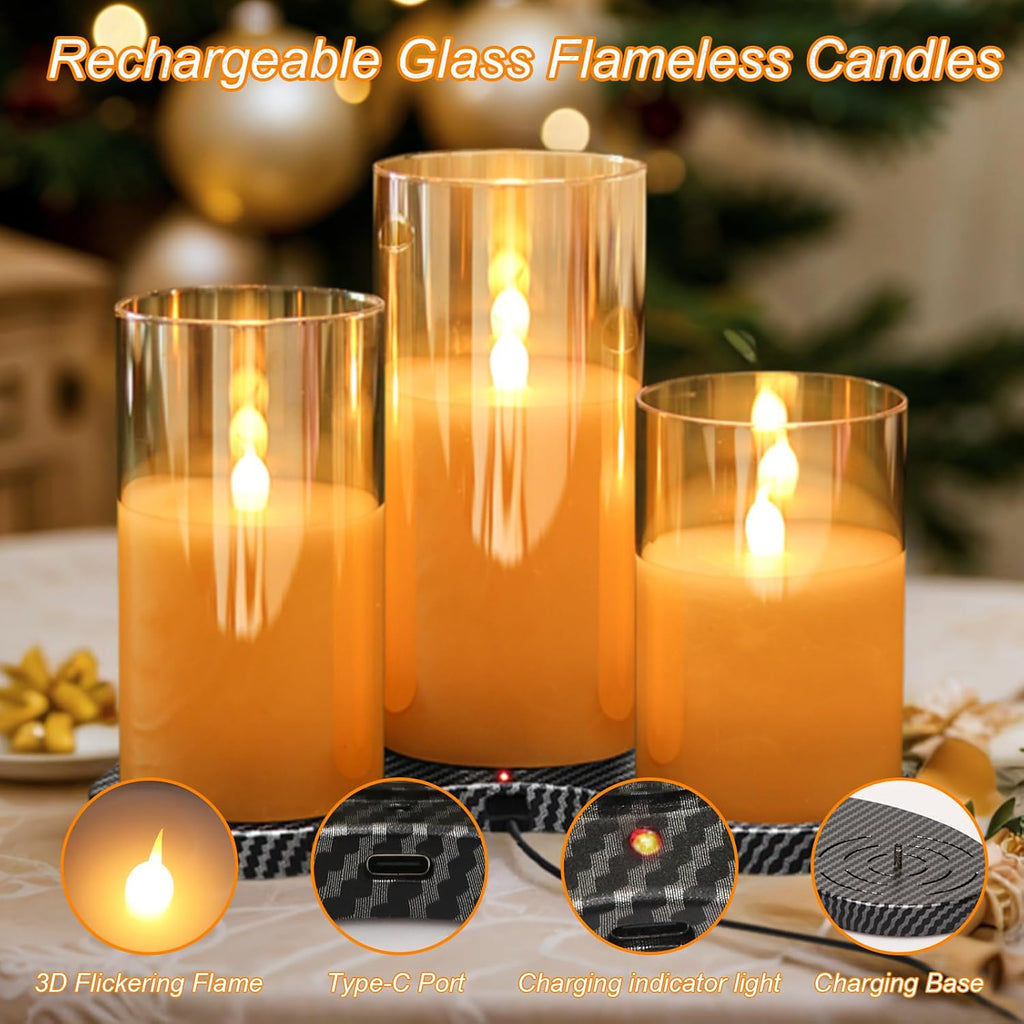 GenSwin Glass Rechargeable Flameless Candles with Remote & Charging Base