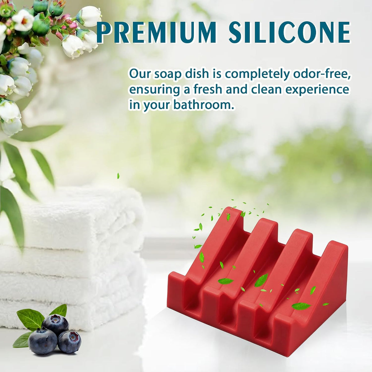 Self Draining Silicone Soap Dish Holder Waterfall Tray, 1 Pack Red