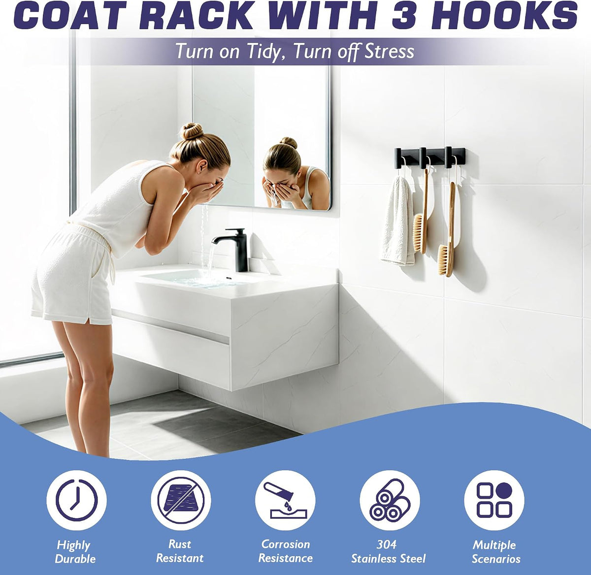 Alise Black Coat Hooks Hat and Coat Rack with 3 Hooks Wall Mount