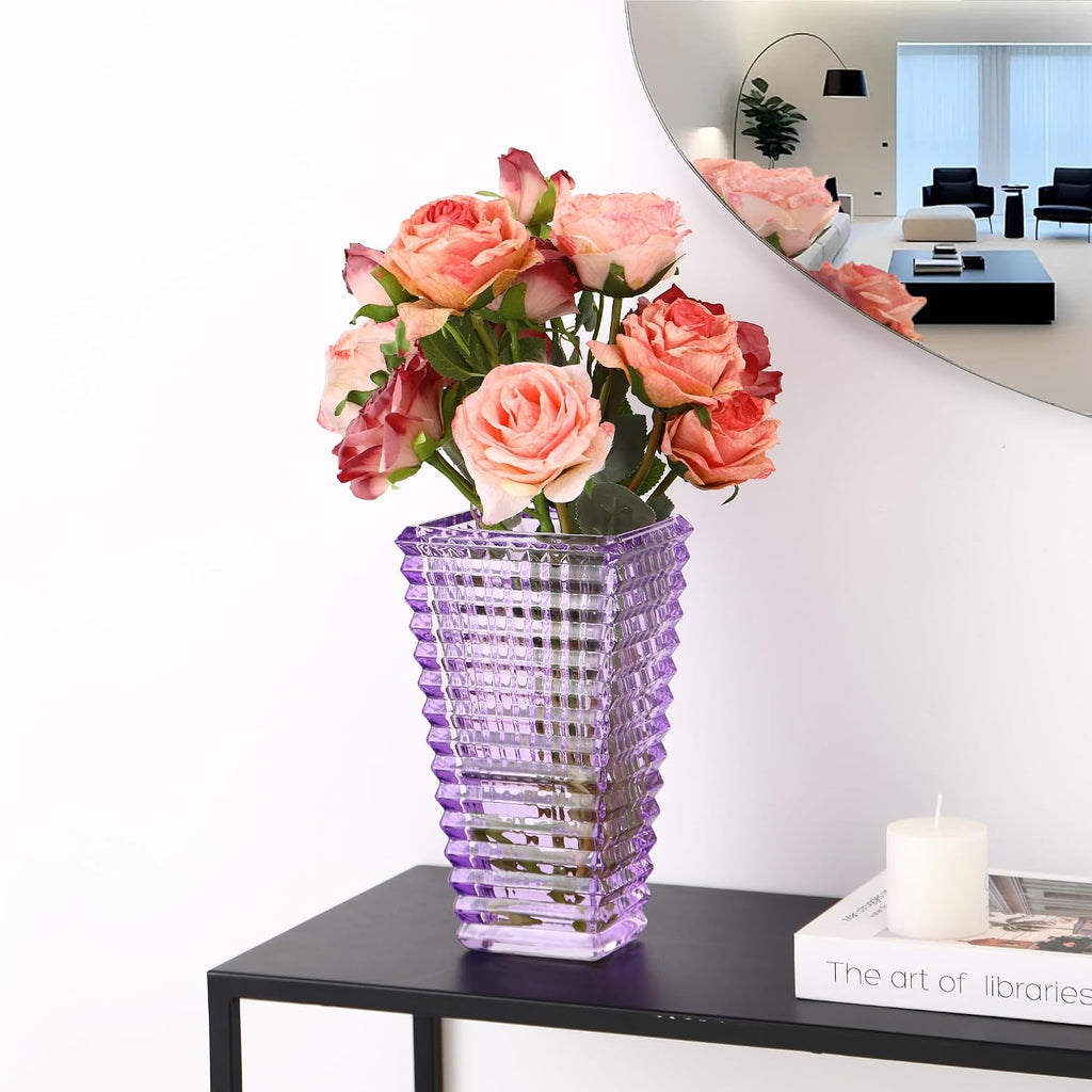 Crystal Vase, Large Crystal Vases for Flowers, Purple Large Flower Vase, Modern Glass Vases for Living Room, Bedroom, Kitchen, Dining Table, Mantle, Wedding, 9 Inches