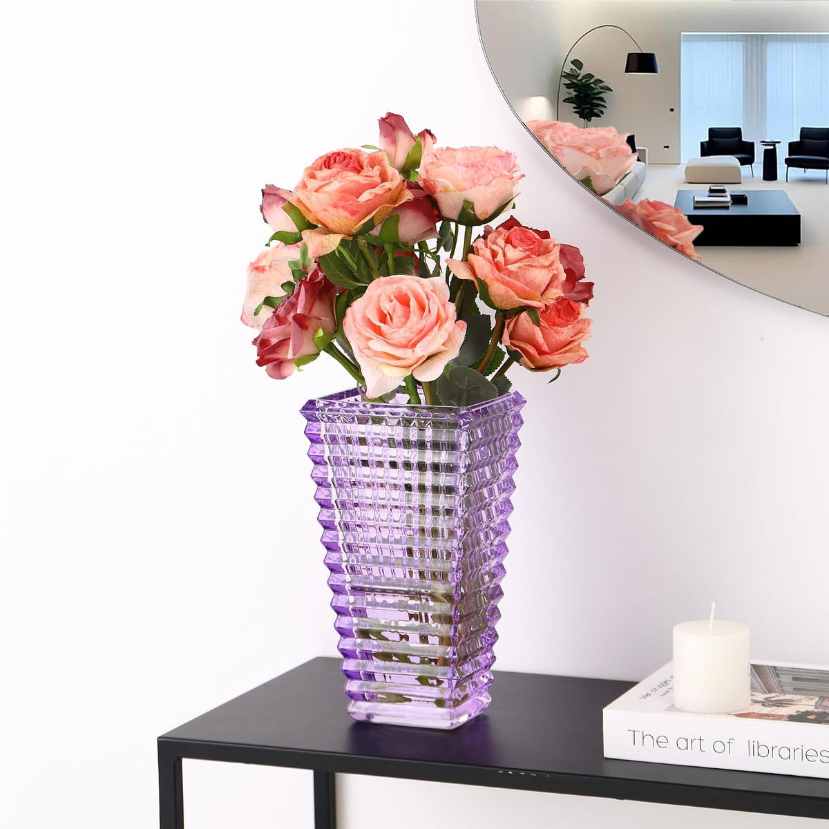 Crystal Vase, Large Crystal Vases for Flowers, Purple Large Flower Vase, Modern Glass Vases for Living Room, Bedroom, Kitchen, Dining Table, Mantle, Wedding, 9 Inches