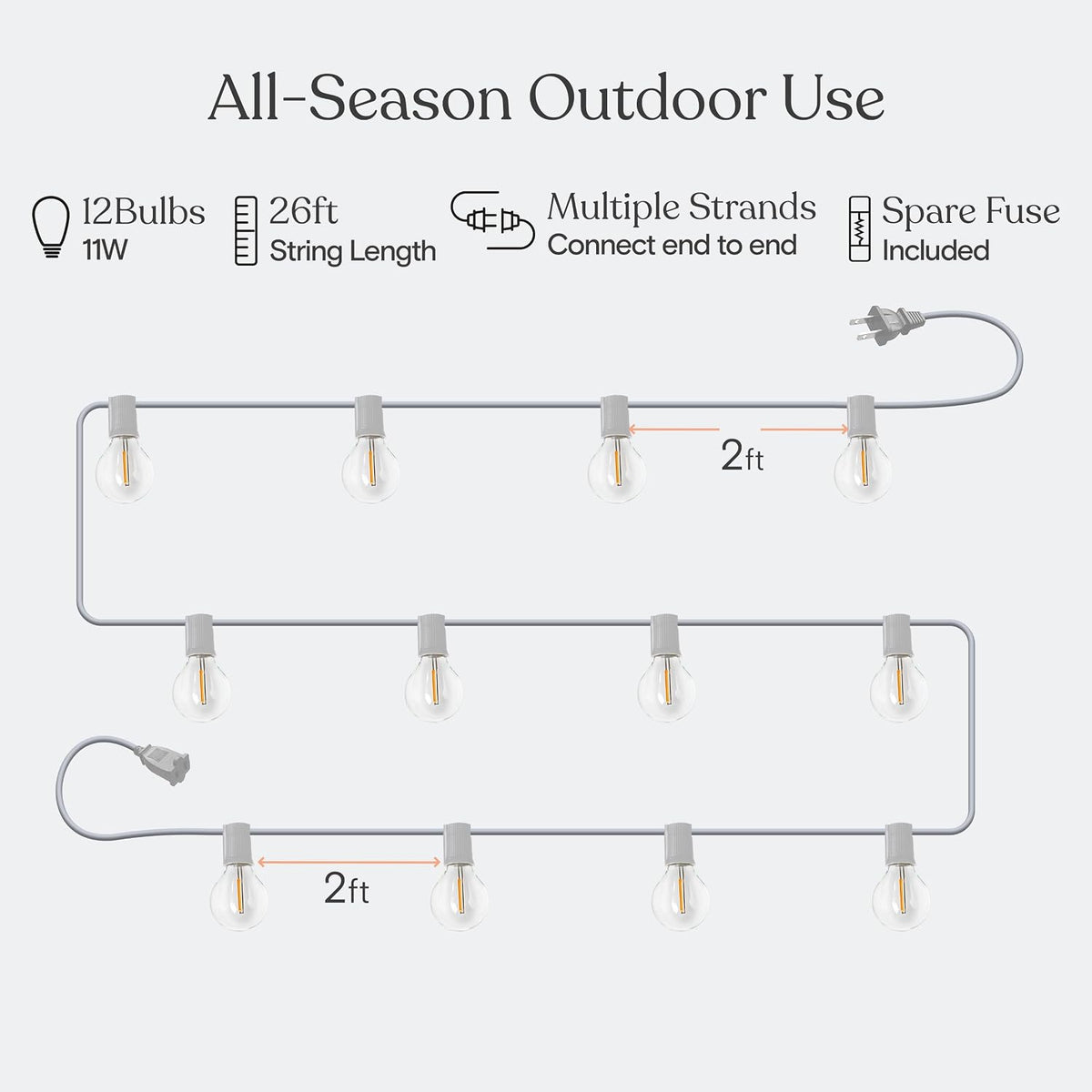 Brightech Ambience Pro LED String Lights - 26 Ft Commercial Grade Patio Lights Outdoor Waterproof - 12 Globe Porch String Lights for Outside, Backyard - 1W Vintage Edison Bulbs, Shine Bright, White