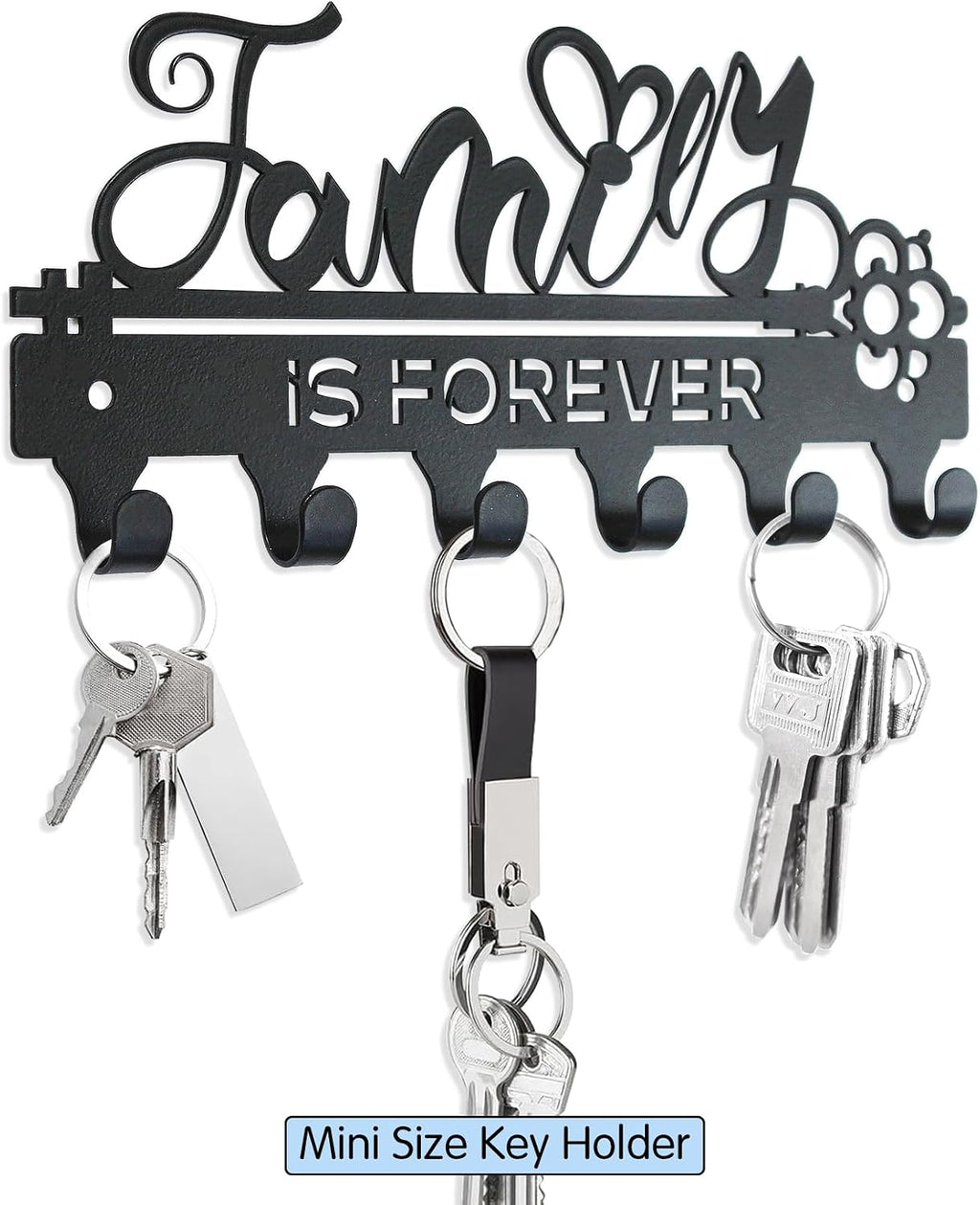 "Family Is Forever“Mini Key Holder Wall Mounted, Black Metal, 18.5x8.5cm