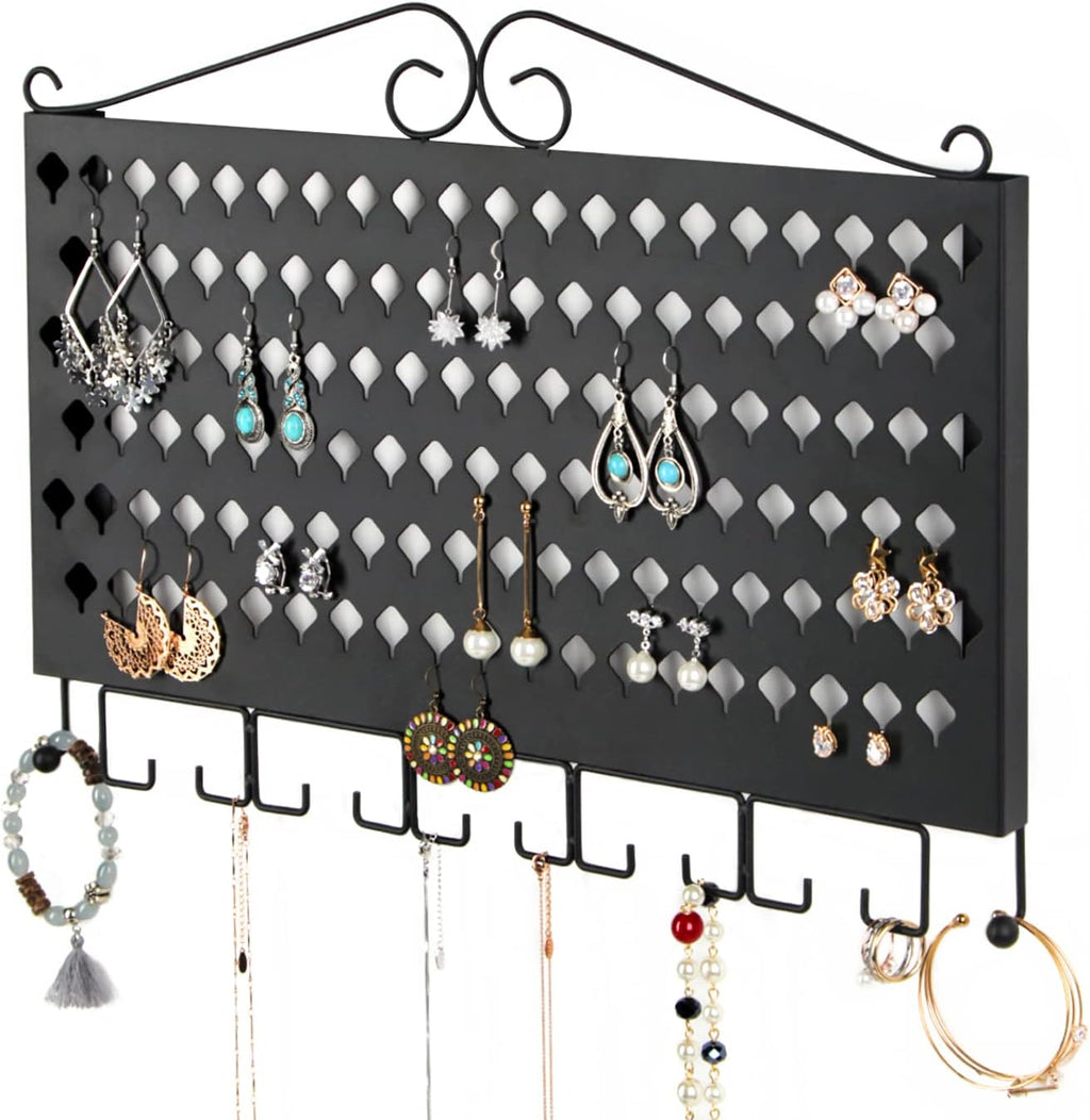 JackCubeDesign Wall Mounted Jewelry Organizer, Earring Necklace Bracelet Holder Display Hanger with 117 Holes & 12 Hooks (Black, 16.54 x 12.2 x 0.75 inches) - MK319A