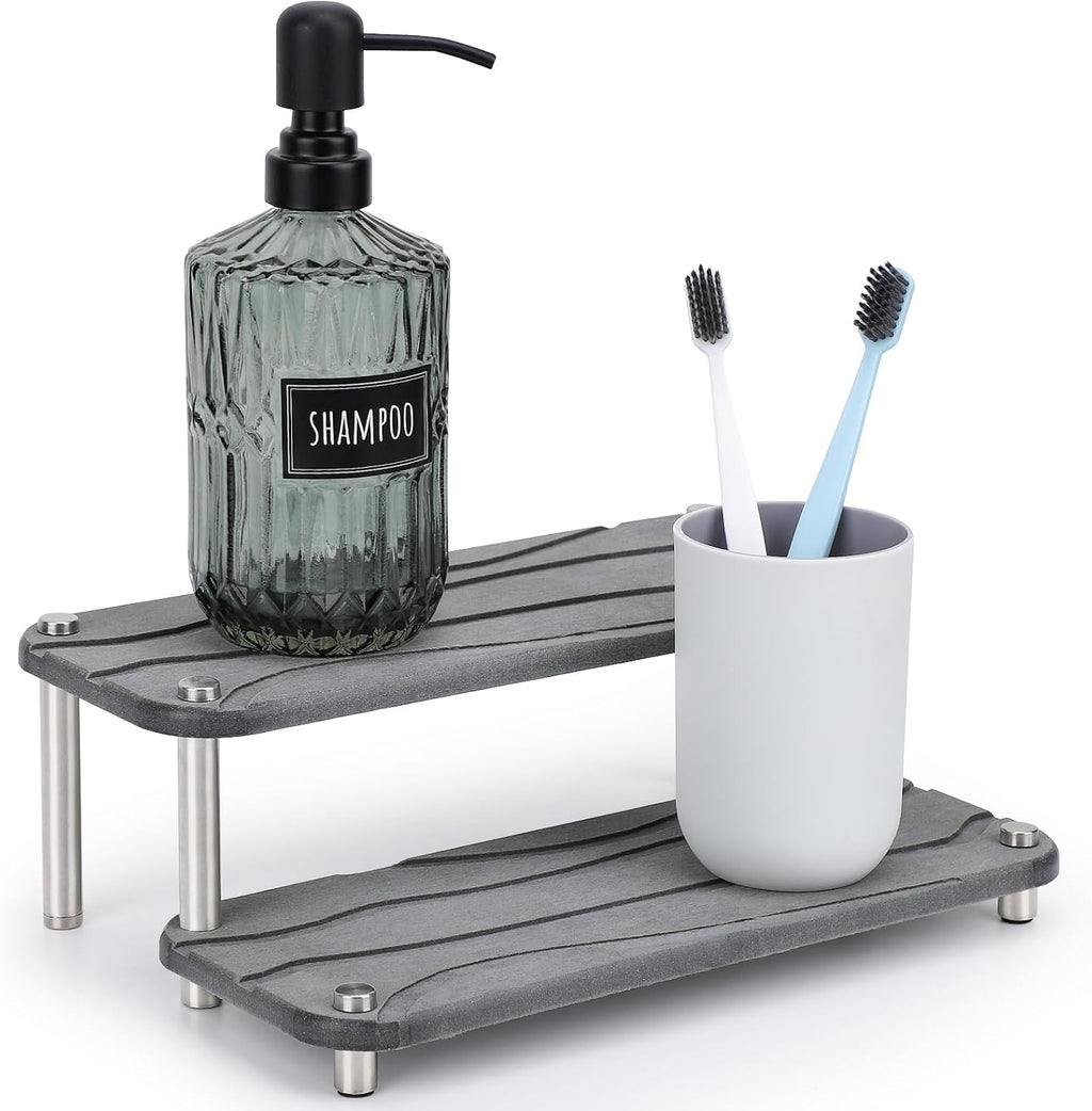 Segbeauty 2 Tier Fast Drying Diatomaceous Earth Tray, 11x4.3in Water Absorbing Stone Drying Vanity Tray for Countertop, Bathroom Counter Rack Kitchen Sink Organizer Dish Soap Sponge Holder Dark Gray