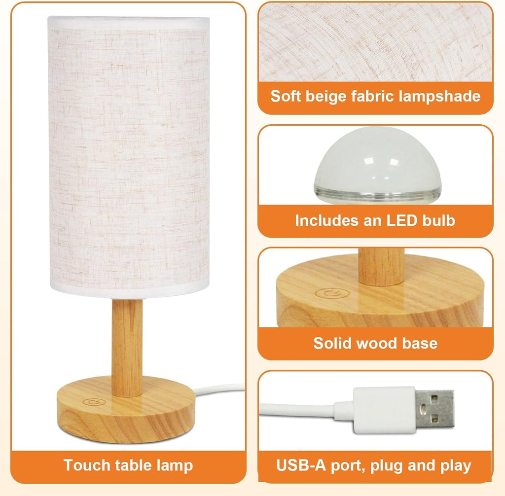 Touch Bedside Table Lamps Set of 2 with Stepless Dimming, USB Powered