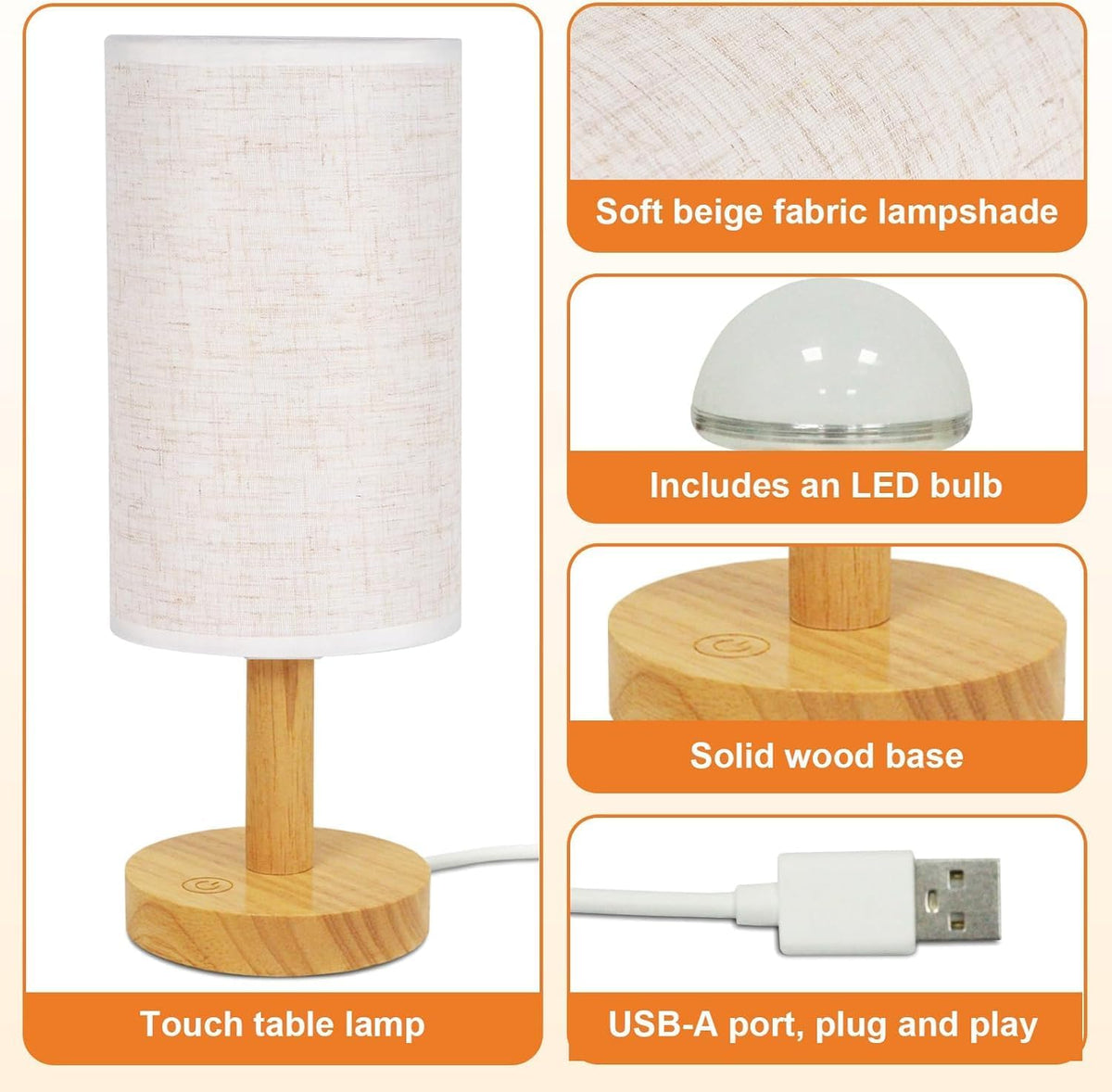 Touch Bedside Table Lamps Set of 2 with Stepless Dimming, USB Powered