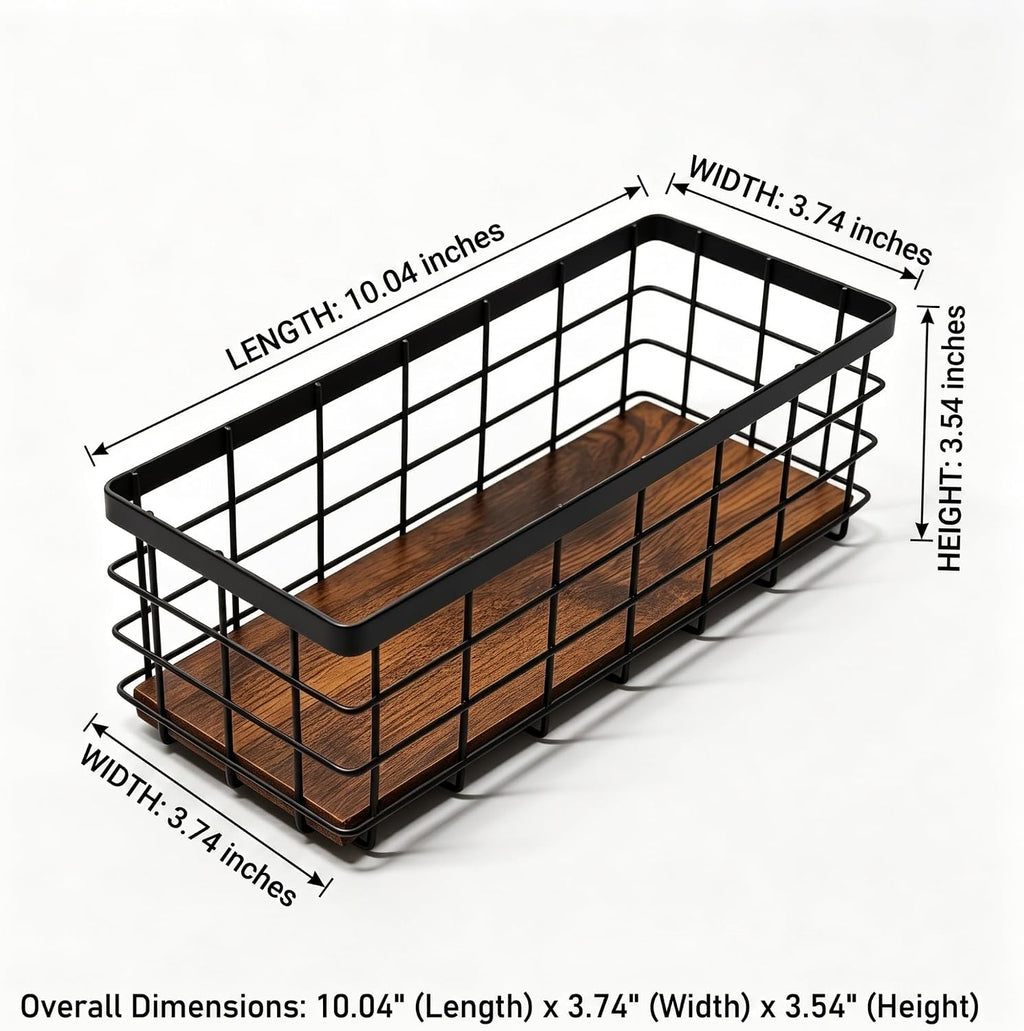 Small Black Metal Wire Storage Basket with Wood Base (Black+Brown, 1 Pack)