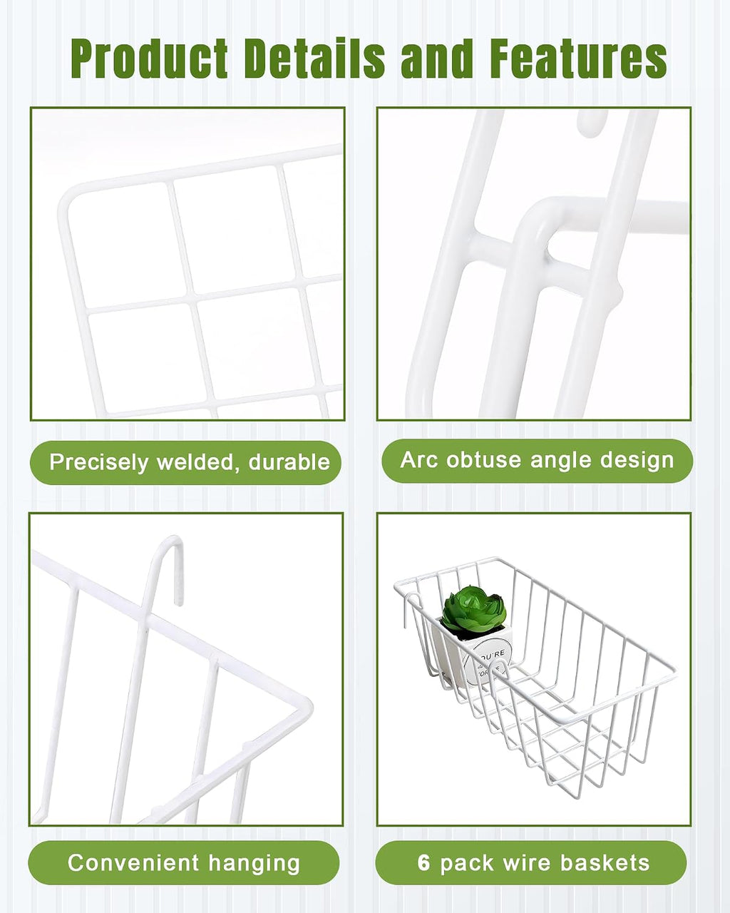 White Wall Grid Panel Hanging Wire Basket, 6 Pack