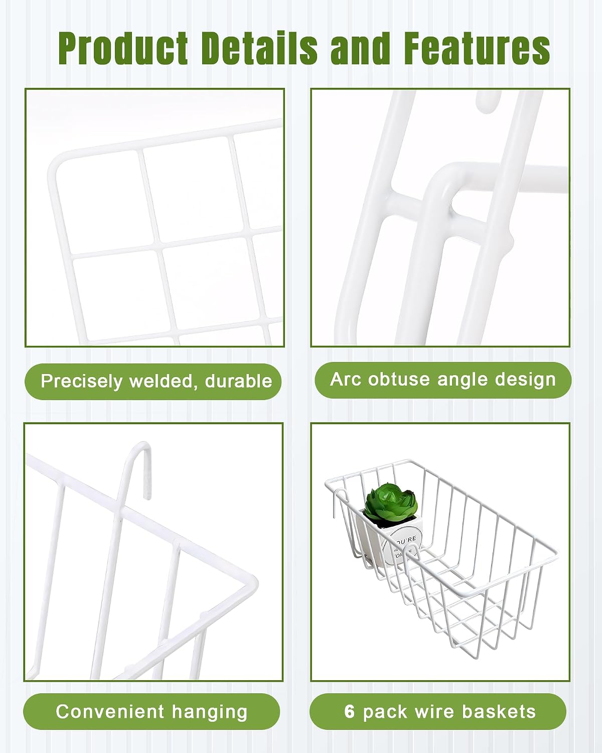 White Wall Grid Panel Hanging Wire Basket, 6 Pack