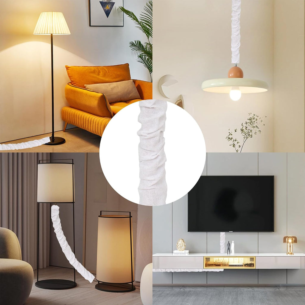 White Fabric Cord Cover, 2 Pcs 6 Feet Chain Cable Sleeve, Chandelier Lighting Wire Cord Cover for Lamps Light Fixtures Lighting Wires Cable Management, Pleat Effect