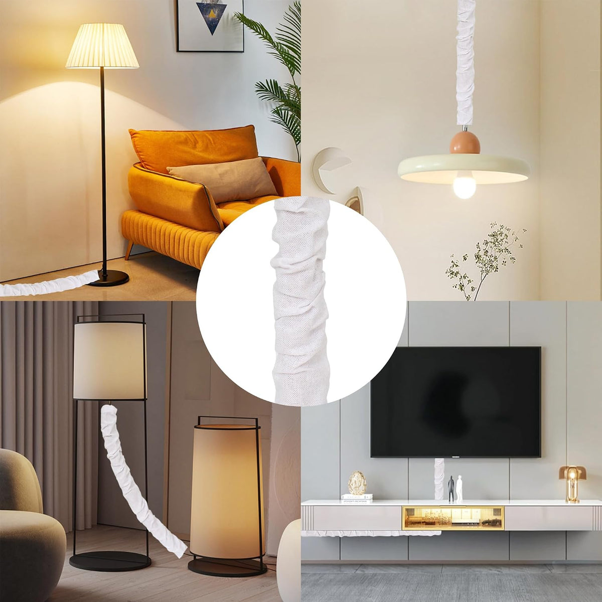 White Fabric Cord Cover, 2 Pcs 6 Feet Chain Cable Sleeve, Chandelier Lighting Wire Cord Cover for Lamps Light Fixtures Lighting Wires Cable Management, Pleat Effect