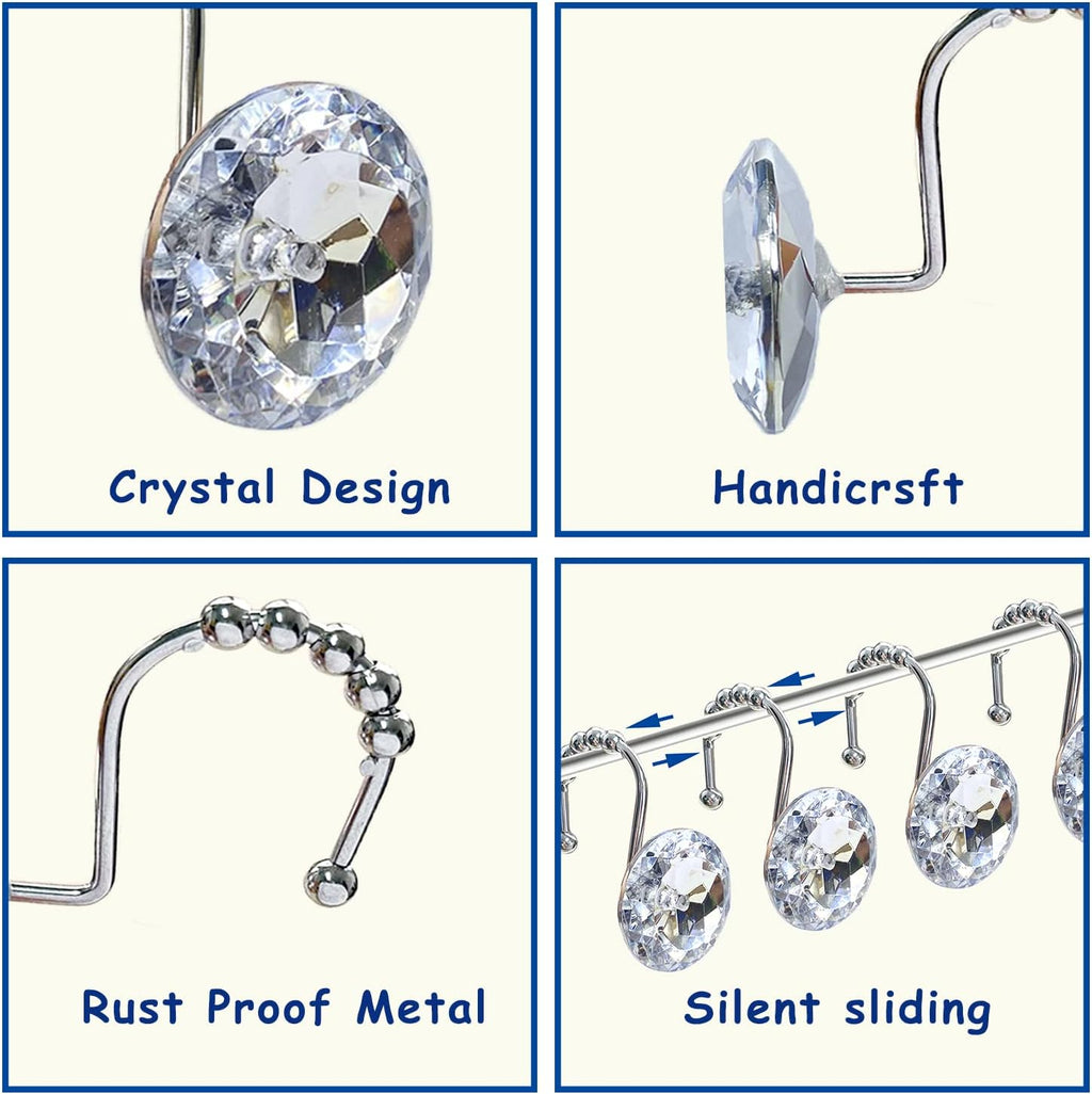 Romantic Angels 12PCS Shower Curtain Hooks Rings for Bathroom, Durable Metal Rust Resistant Decorative Rhinestones Shower Curtain Hooks for Shower Curtains and Shower Rod (Silver)