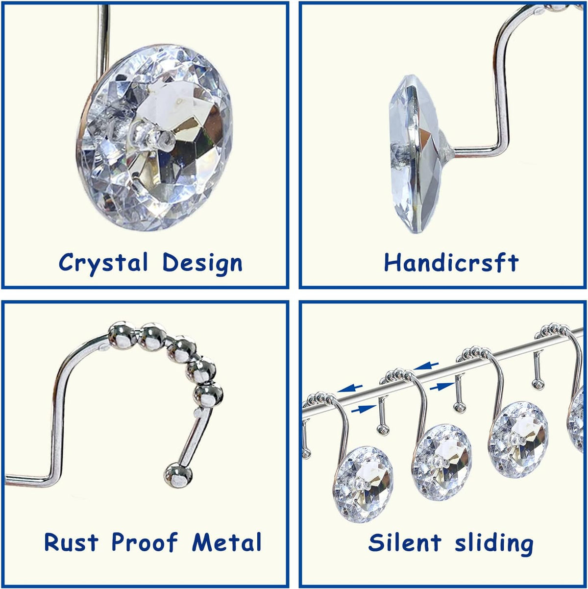 Romantic Angels 12PCS Shower Curtain Hooks Rings for Bathroom, Durable Metal Rust Resistant Decorative Rhinestones Shower Curtain Hooks for Shower Curtains and Shower Rod (Silver)