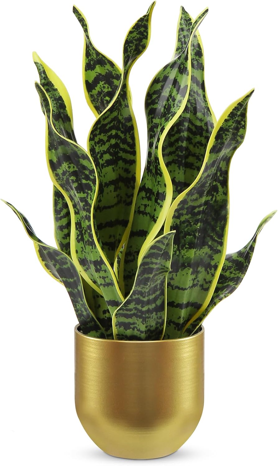 Hollyone Artificial Snake Plant Potted Faux Sansevieria Trifasciata Plants, 16.9" Tropical Mother in Law Tongue Fake Plants in Metal Gold Pots for Home Office Room Indoor Decor Housewarming Gifts