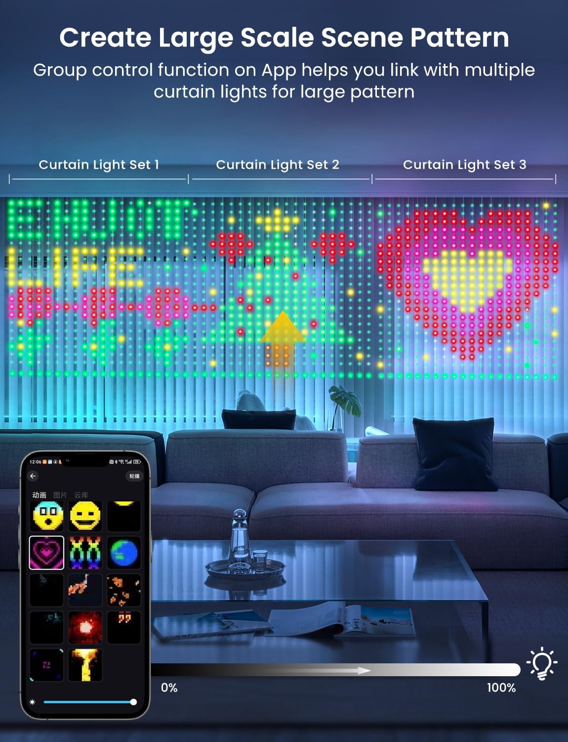 Smart LED Curtain Lights, 400 LEDs RGB+IC Color Changing Wall Lights, 6.6x6.6ft Indoor Dynamic DIY Pattern LED String Lights, APP Remote Control, For Bedroom, Living Room, Window Decor, Party, Wedding