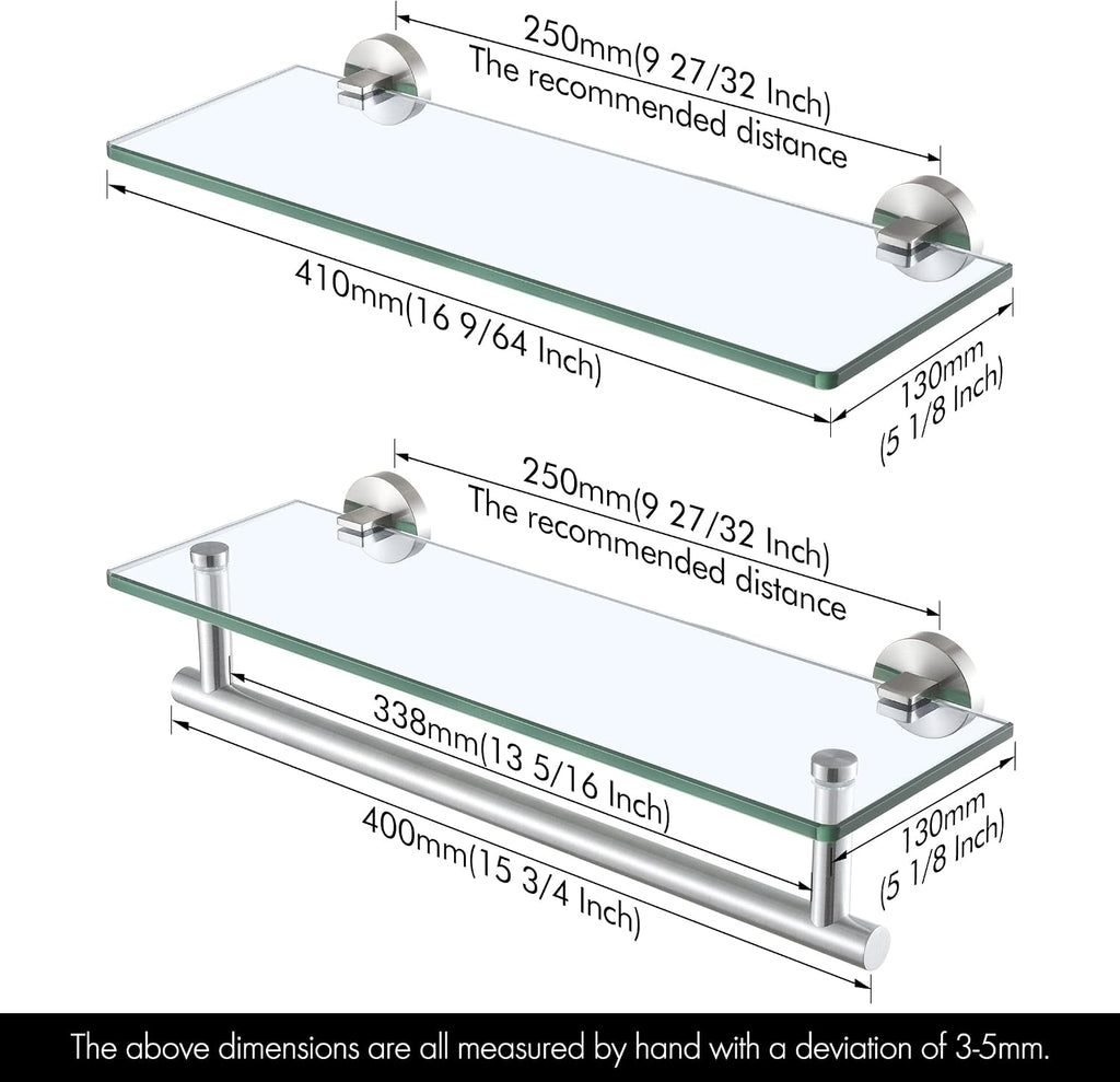 KES Glass Shelves for Bathroom, 16" Glass Floating Bathroom Shelf with Bar