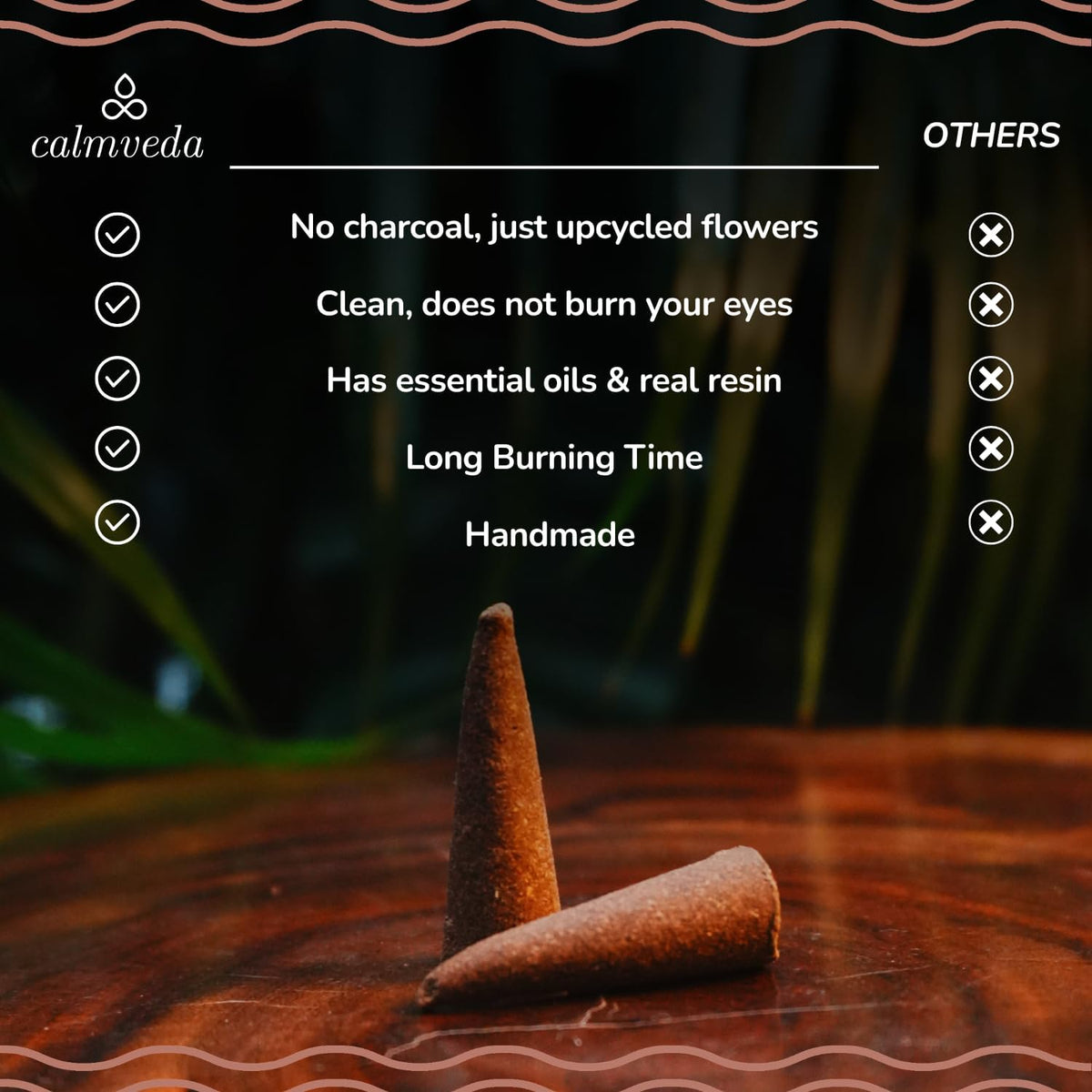 CALMVEDA Palo Santo & Dragons Blood Incense Cones 24-Pack, Energy Cleansing