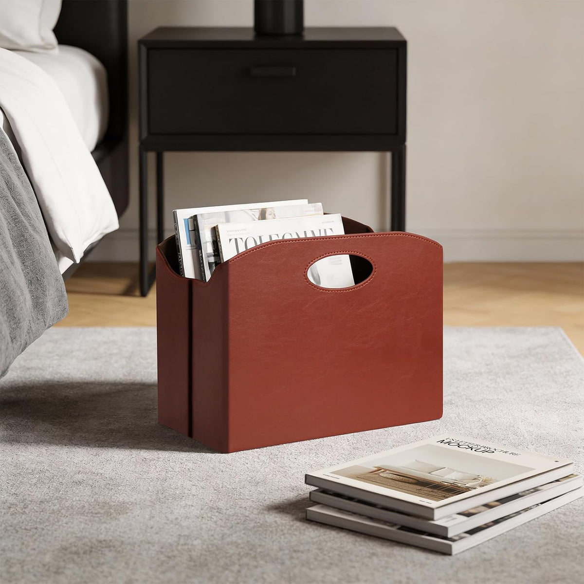 EZDeco PU Leather Magazine Holder Magazine Rack Floor Magazine Basket