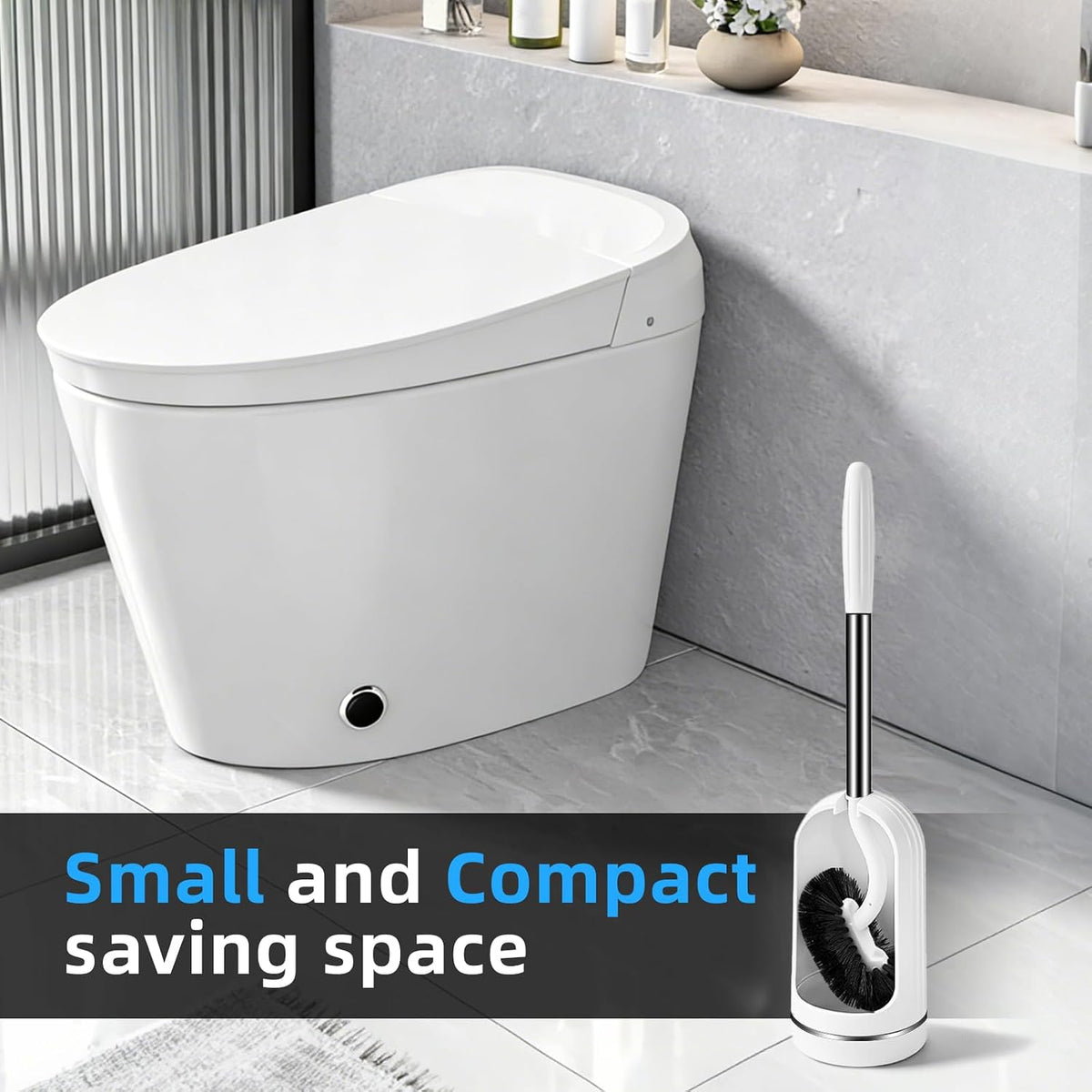 AONEZ Toilet Brush Set, Deep Under-Rim Cleaning, Vented Holder, White