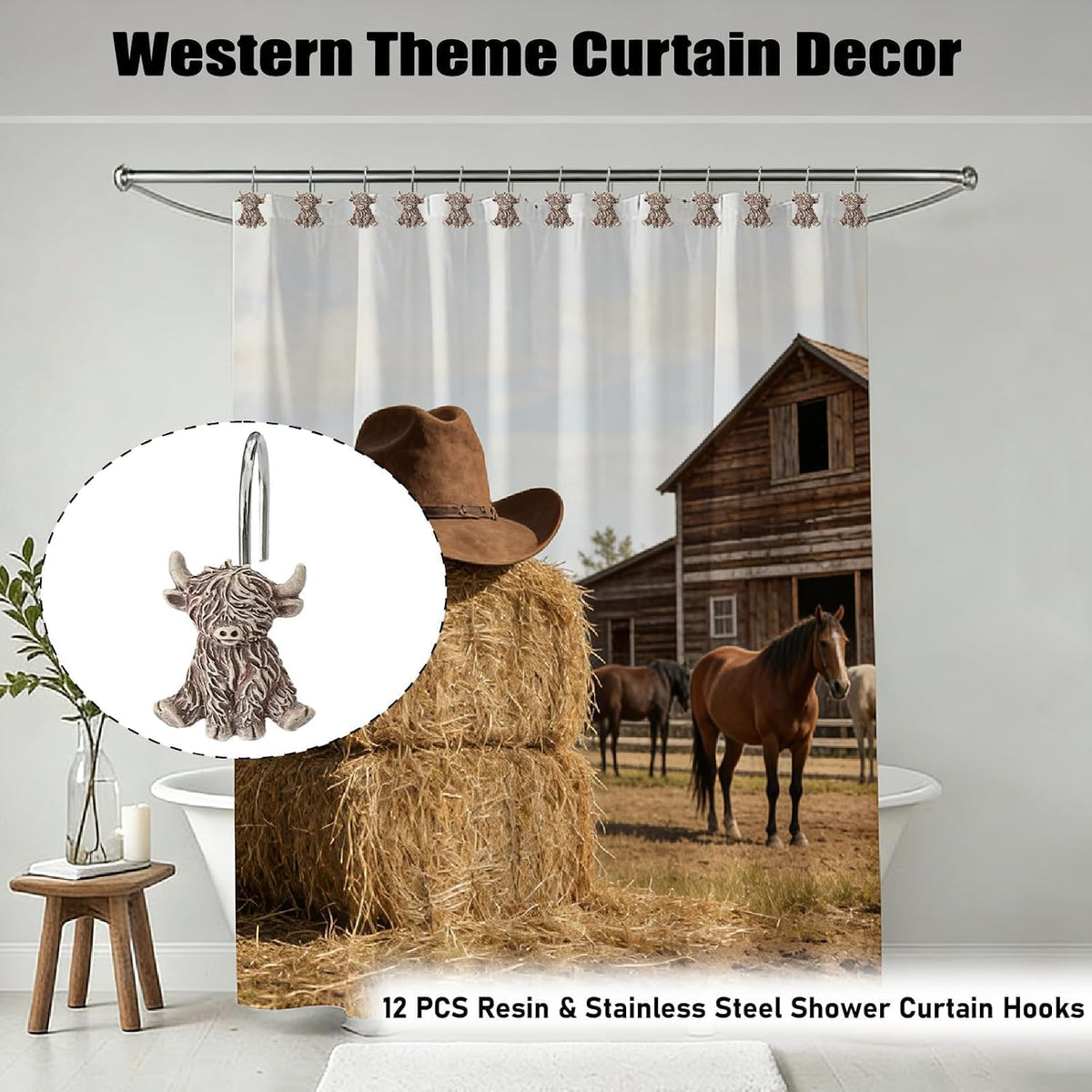 12 Pcs Highland Cow Shower Curtain Hooks for Western Rustic Bathroom Decor