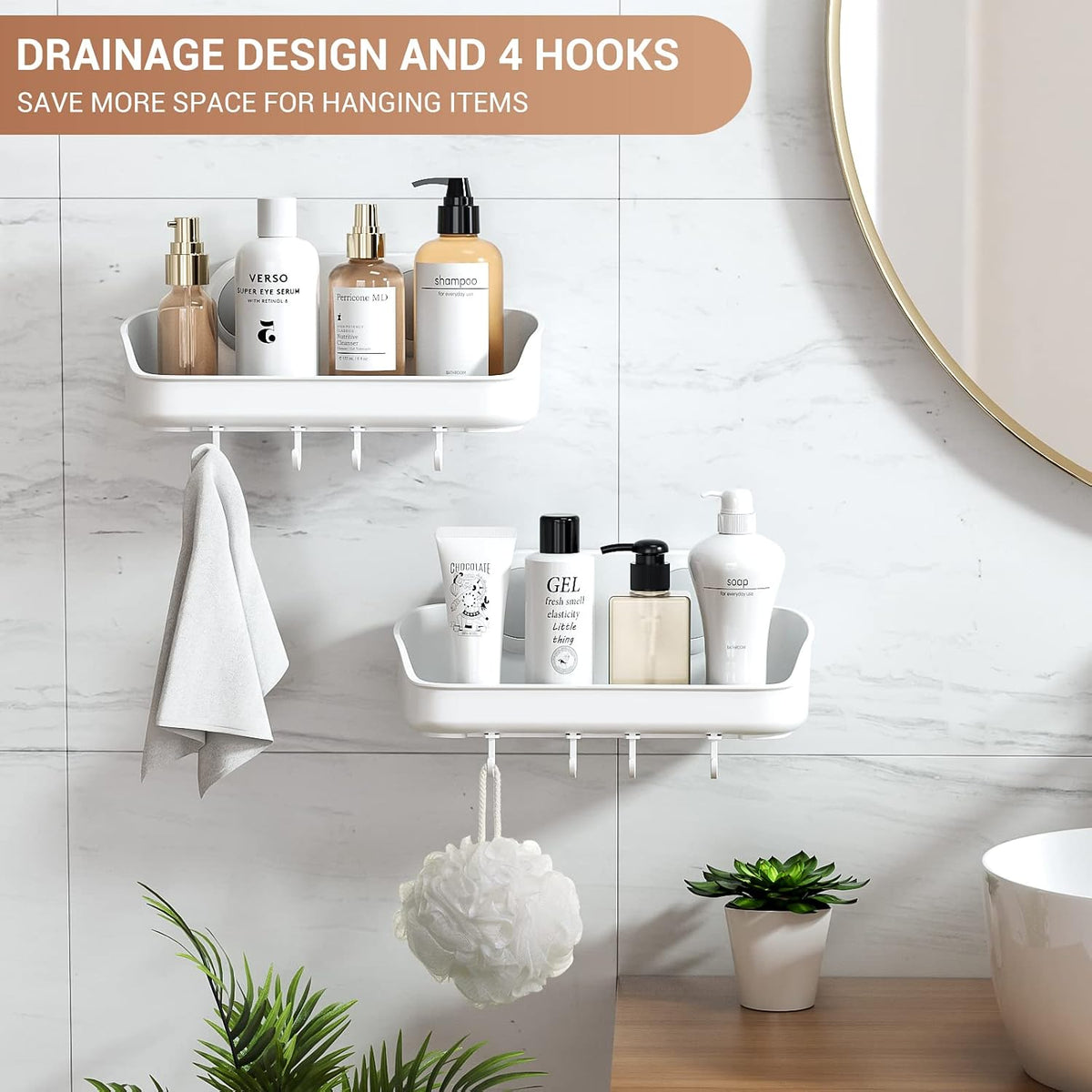 LUXEAR Shower Caddy Suction Cup NO-Drilling Removable Bathroom Shower Shelf Powerful Shower Organizer Basket Waterproof & Oilproof Wall Mounted Storage Rack for Bathroom&Kitchen