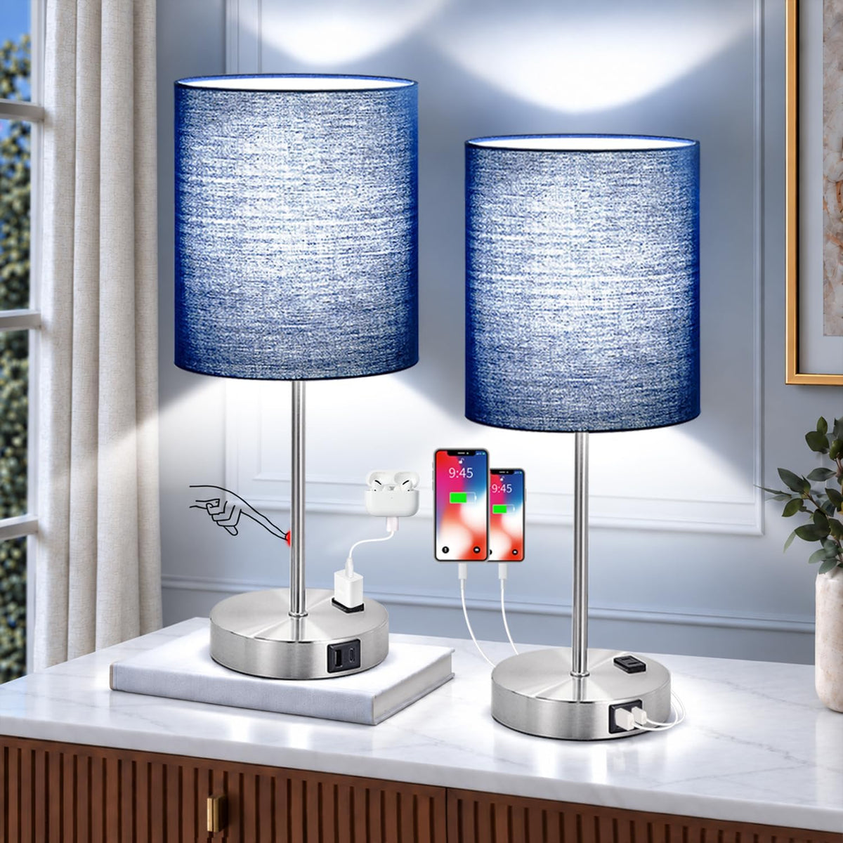 Set of 2 Touch Control Table Lamps with 2 USB & AC Outlet, 3-Way Dimmable Bedside Nightstand Lamps for Bedroom Living Room Nursery, 800 Lumens 5000K Daylight Bulbs Included