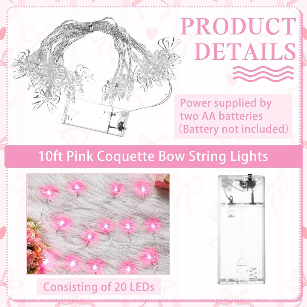 Glooglitter Pink Bow String Light Mini Bow Decor for Girl Room 9.84 ft