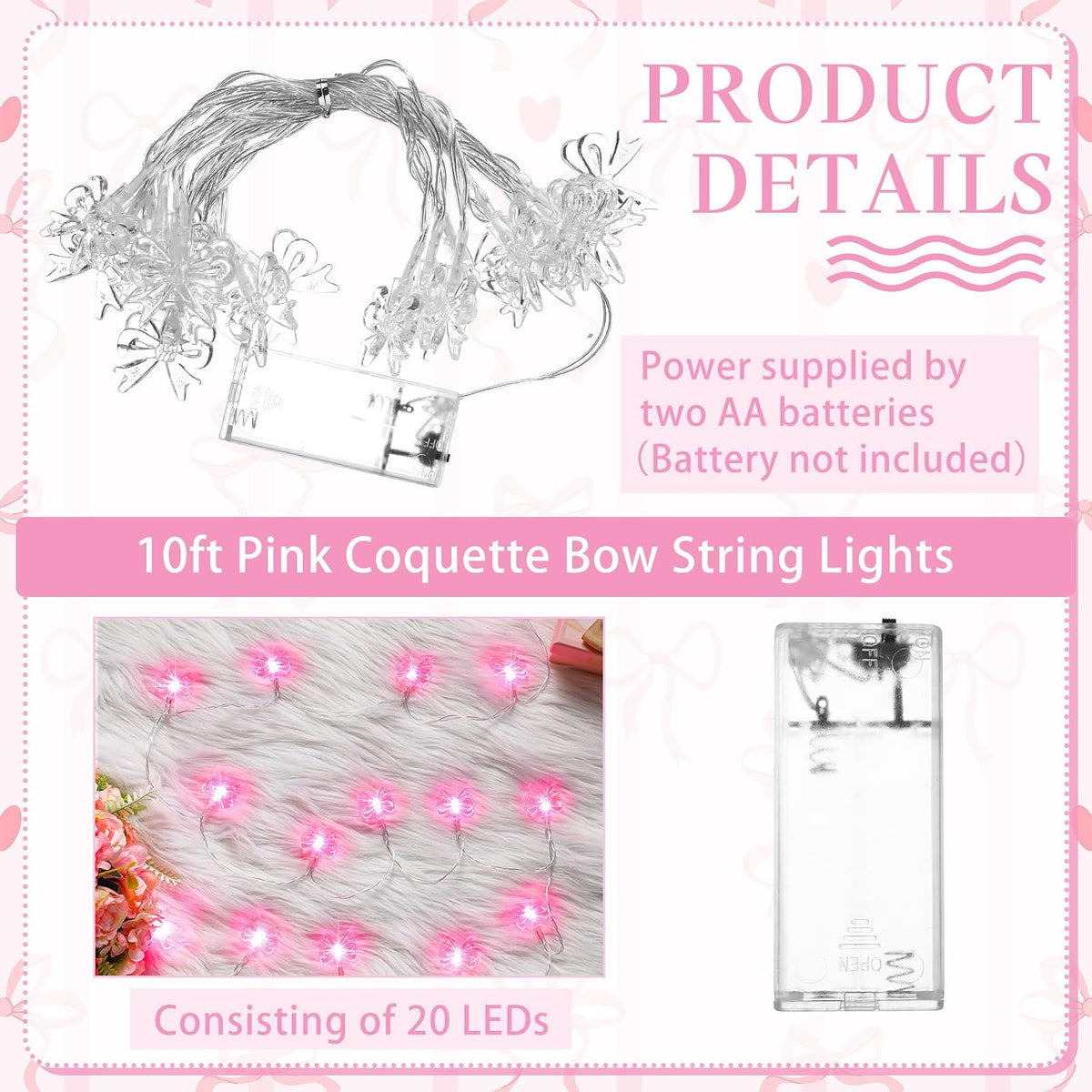 Glooglitter Pink Bow String Light Mini Bow Decor for Girl Room 9.84 ft
